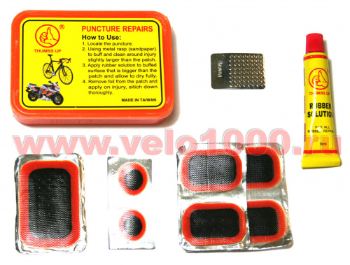  Аптечка 7 заплаток:ø15мм-2шт,24x35мм-4шт,32x50мм-1шт,клей 8мл,зачистка,в пластик уп. для велосипеда