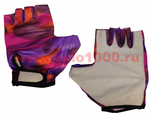 Перчатки с укороченными пальцами,размер XS, верх-цветная лайкра, ладонь-белая кожа, фиолетово-белые. для велосипеда