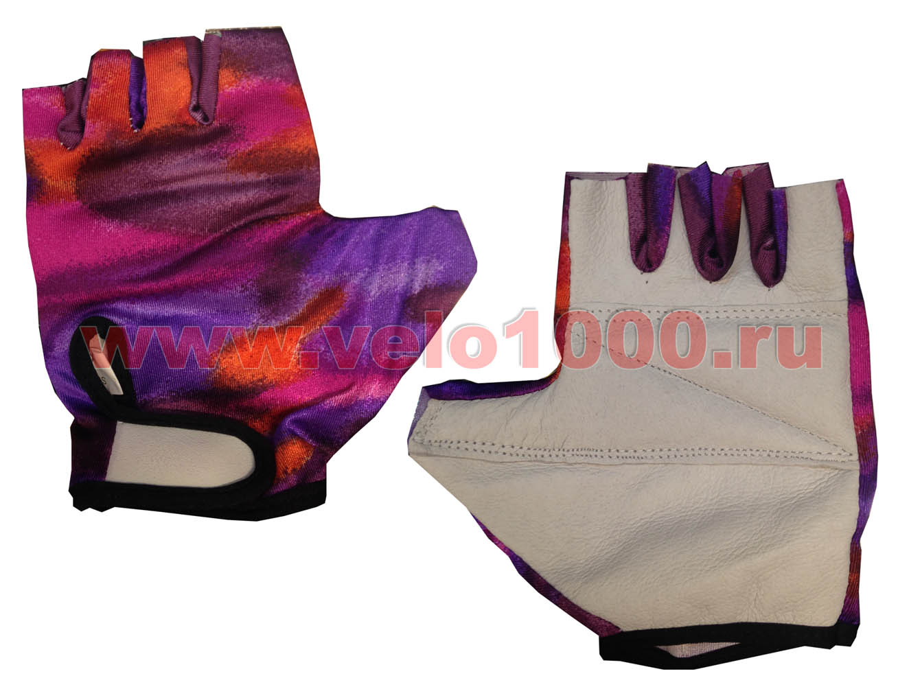 Перчатки с укороченными пальцами, размер S, верх-цветная лайкра, ладонь-белая кожа, фиолетово-белые.