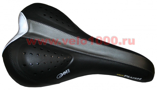 Седло черное, с серым углублением, с перфорированными черным гелем подушечками, с лого "GEL".  для велосипеда