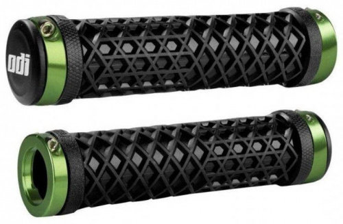 Грипсы 130мм, черные с двумя зелеными алюм lock-on. для велосипеда