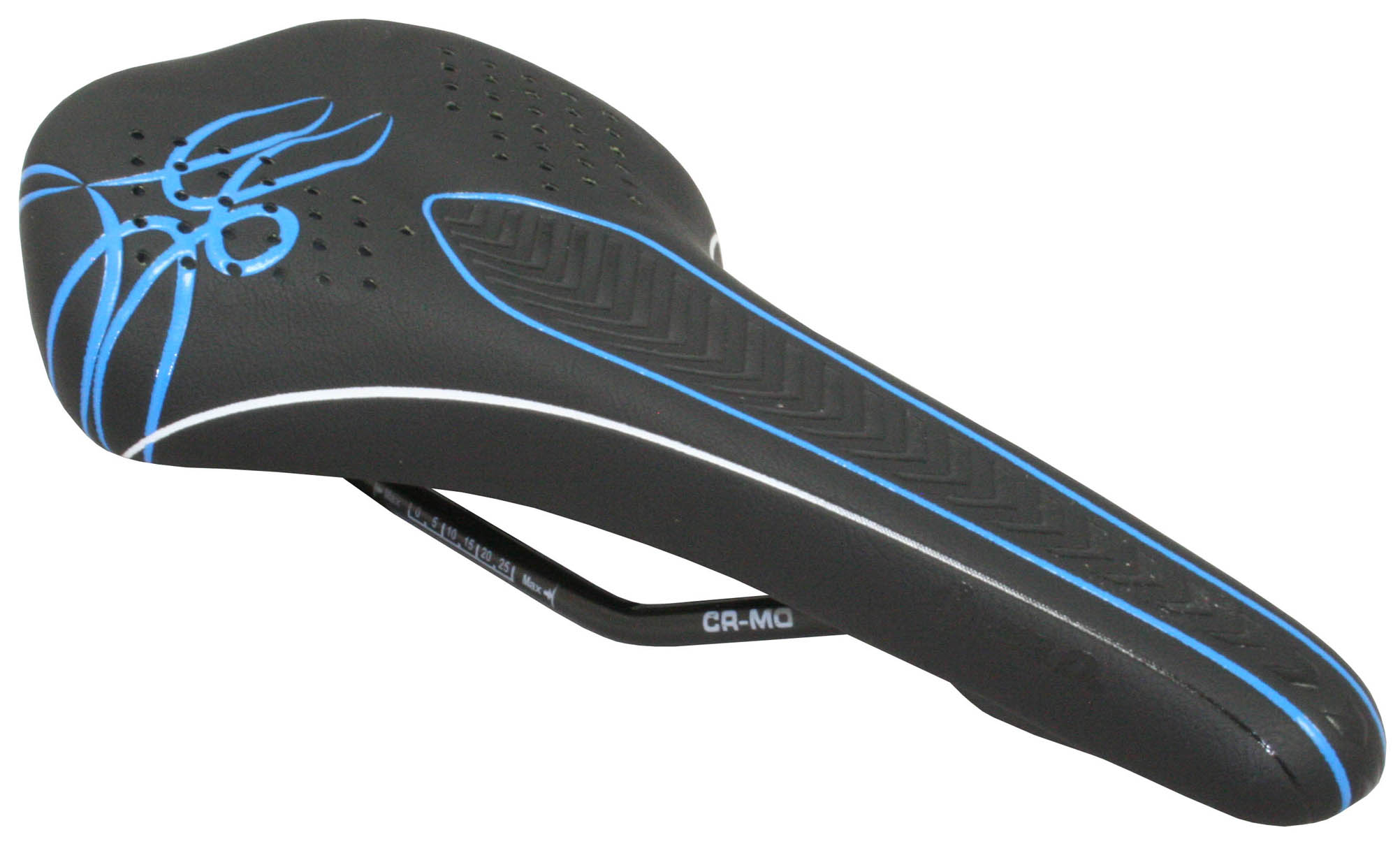 Седло черно-синее, продольное углубление "елочка", 60 отверстий, гель внутри, рельсы Cr-Mo.  для велосипеда