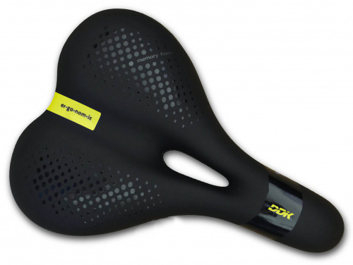 Седло 270x196мм, с прорезью, с памятью Memory foam, черно-желтая графика "Ergonomic". для велосипеда