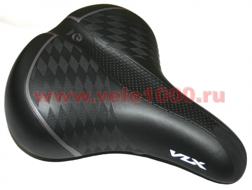 Седло комфортное 260x220мм, чёрное, с прозрачными эластомерами, тиснёное ромбами, с лого "VLX". для велосипеда