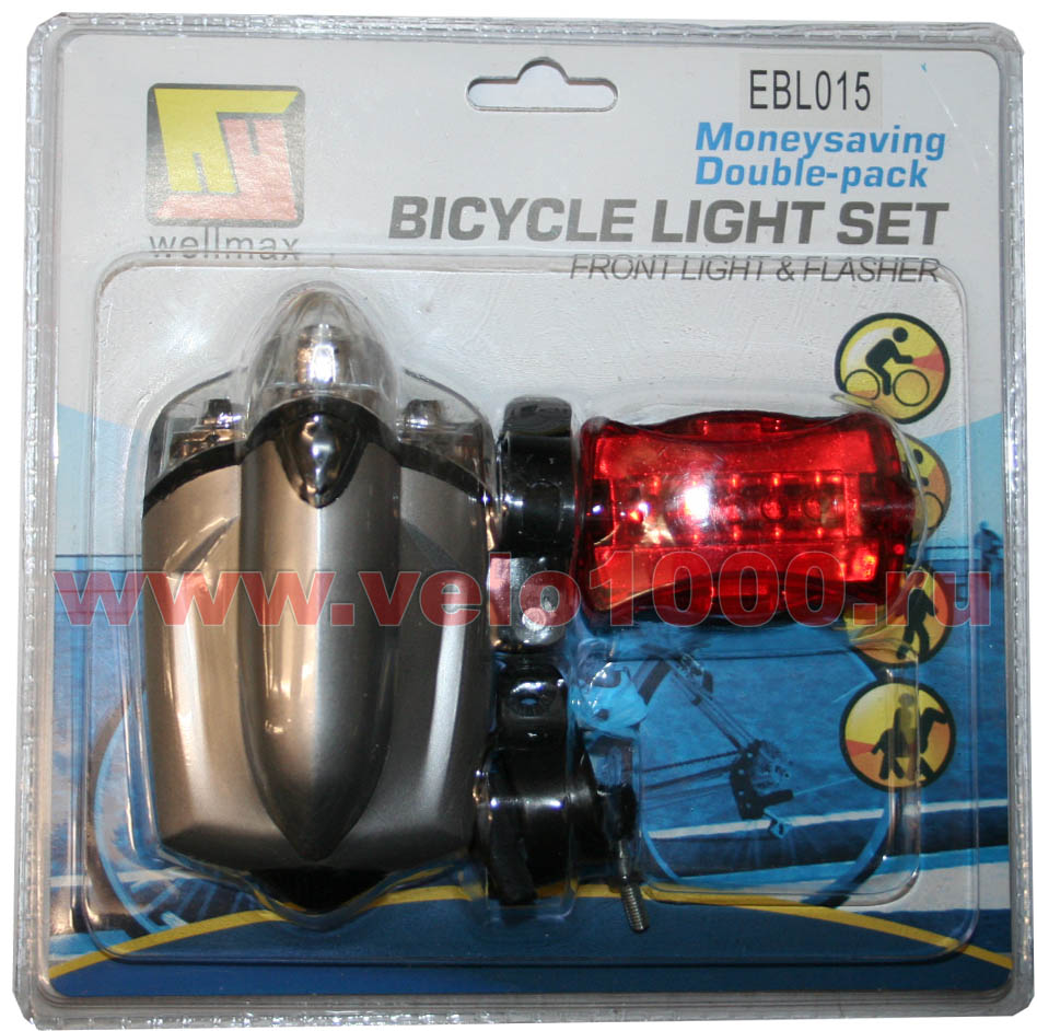Комплект: фара передняя 4 светодиода + фонарь задний 5 светодиодов, без батареек 6хAAA.  для велосипедов 