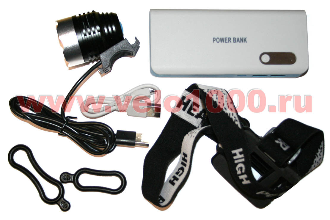 Фара 1 CREE XM-L2 T6,650Лм,ø56мм,крепёж на руль и голову,USB плоский банк-аккум 7.2Ач,зарядник 5v.