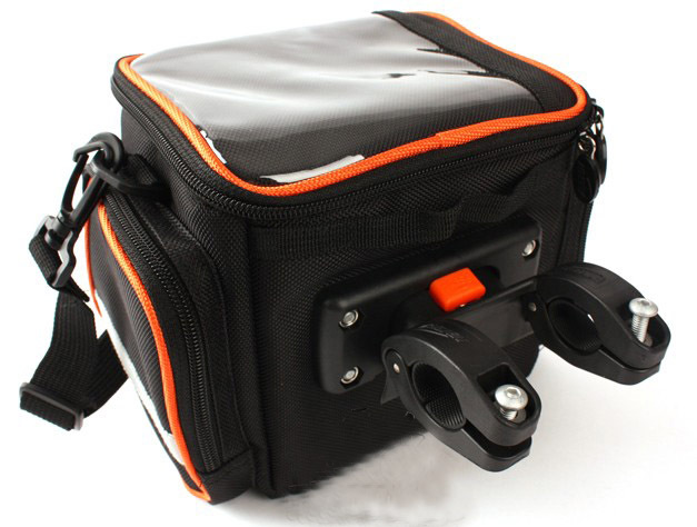 Сумка на руль Ø22.2-31.8мм, 4.2л, сверху прозрачный карман, легкосъемная, чёрно-оранжевая.